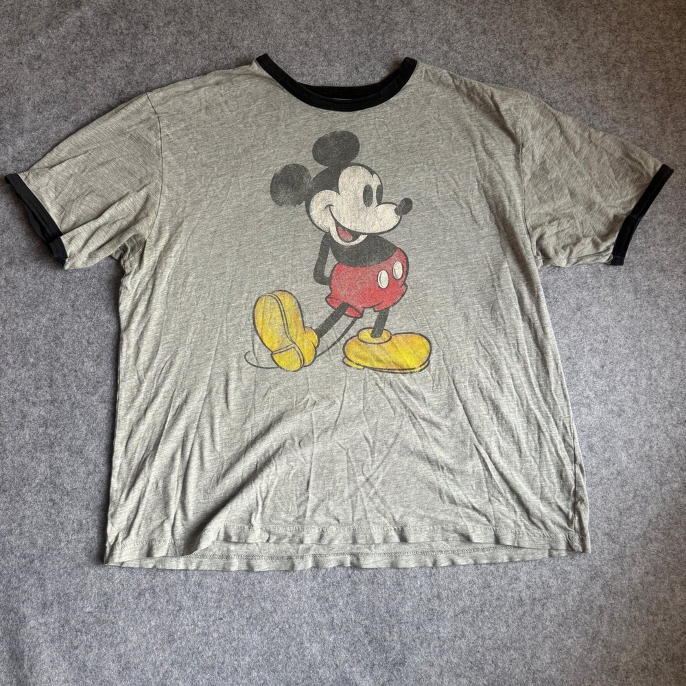 Disney Mickey Mouse Ringer T-Shirt Gray Black Graphic Tee Short Sleeve